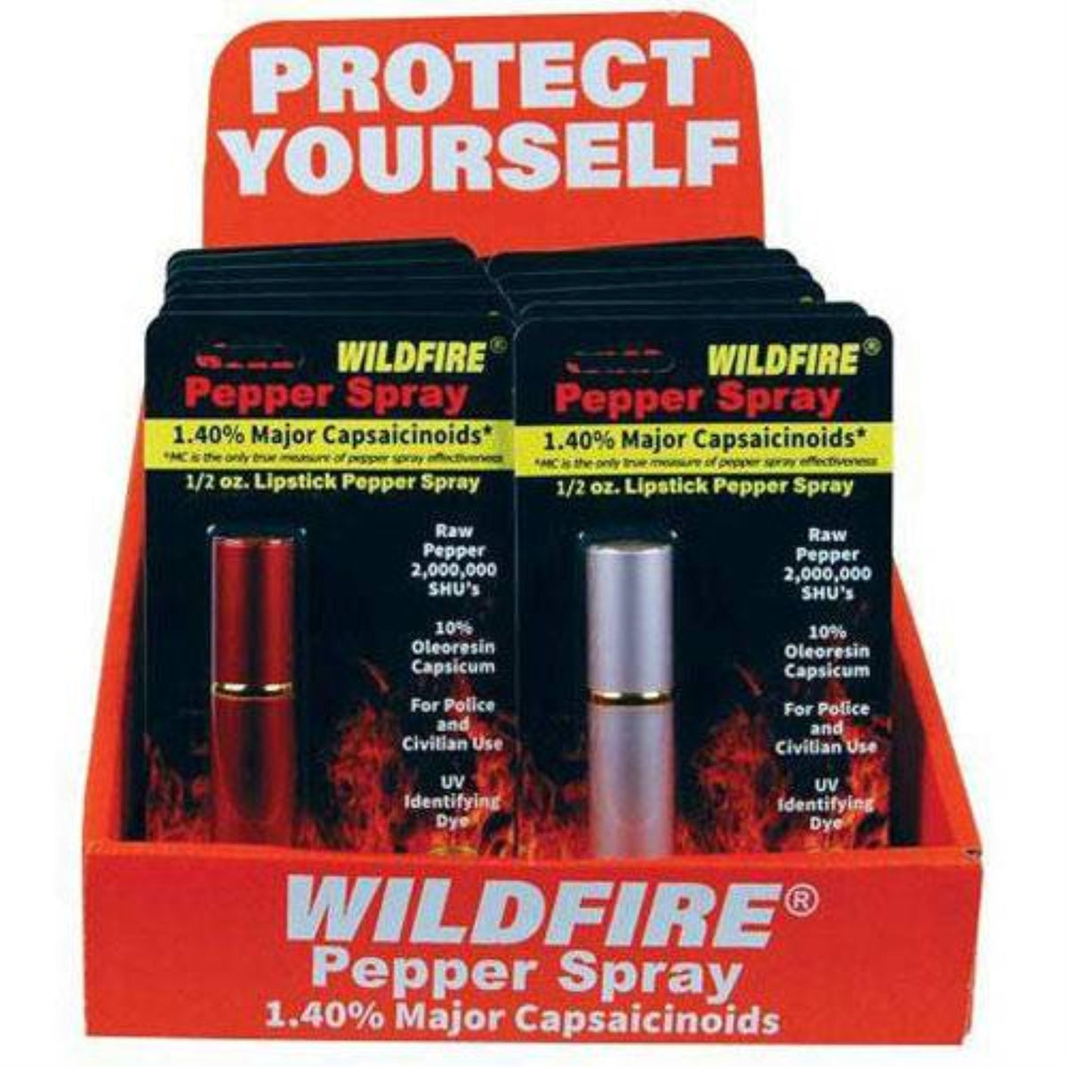 12 Wildfire 1.4% Mc Mixed Lipstick Spray (2 Black, 2 Silver, 2 Red, 3 Pink, 3 Blue) With Counter Display