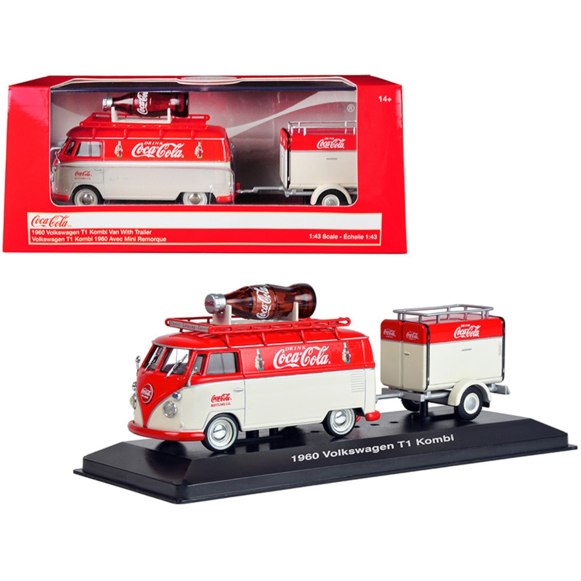 1960 Volkswagen T1 Kombi Van With Trailer Red And Cream 'Coca Cola' 1/43 Diecast Model Car By Motorcity Classics