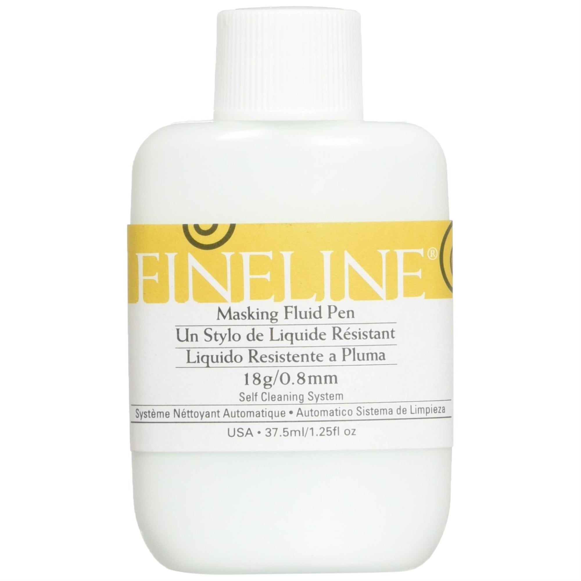 Fineline Masking Fluid Pen. 18g Standard Tip with 1.25 oz Bottle Liquid Latex. Packaged in Hanging Zip Lock Poly Bag with Color Insert.