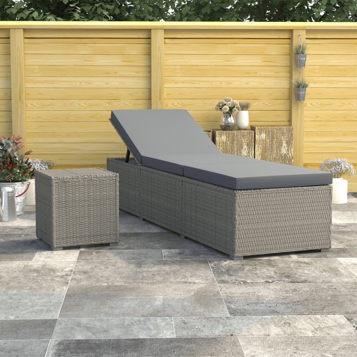 Vidaxl Sun Lounger With Cushion And Tea Table Poly Rattan Gray