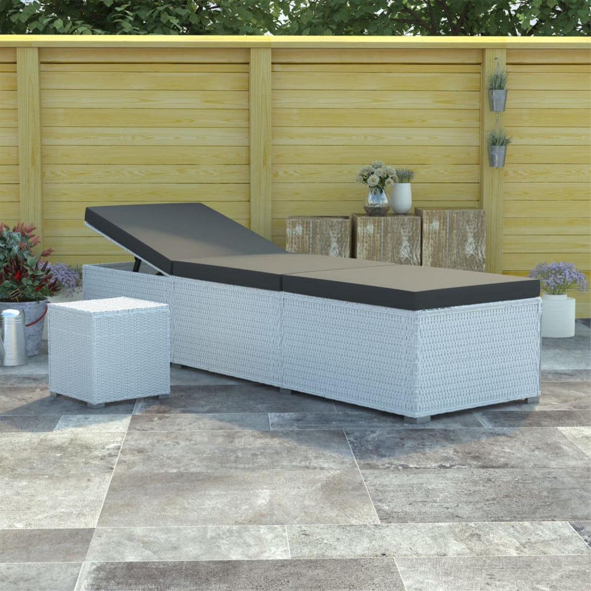 Vidaxl Sun Lounger With Cushion And Tea Table Poly Rattan White