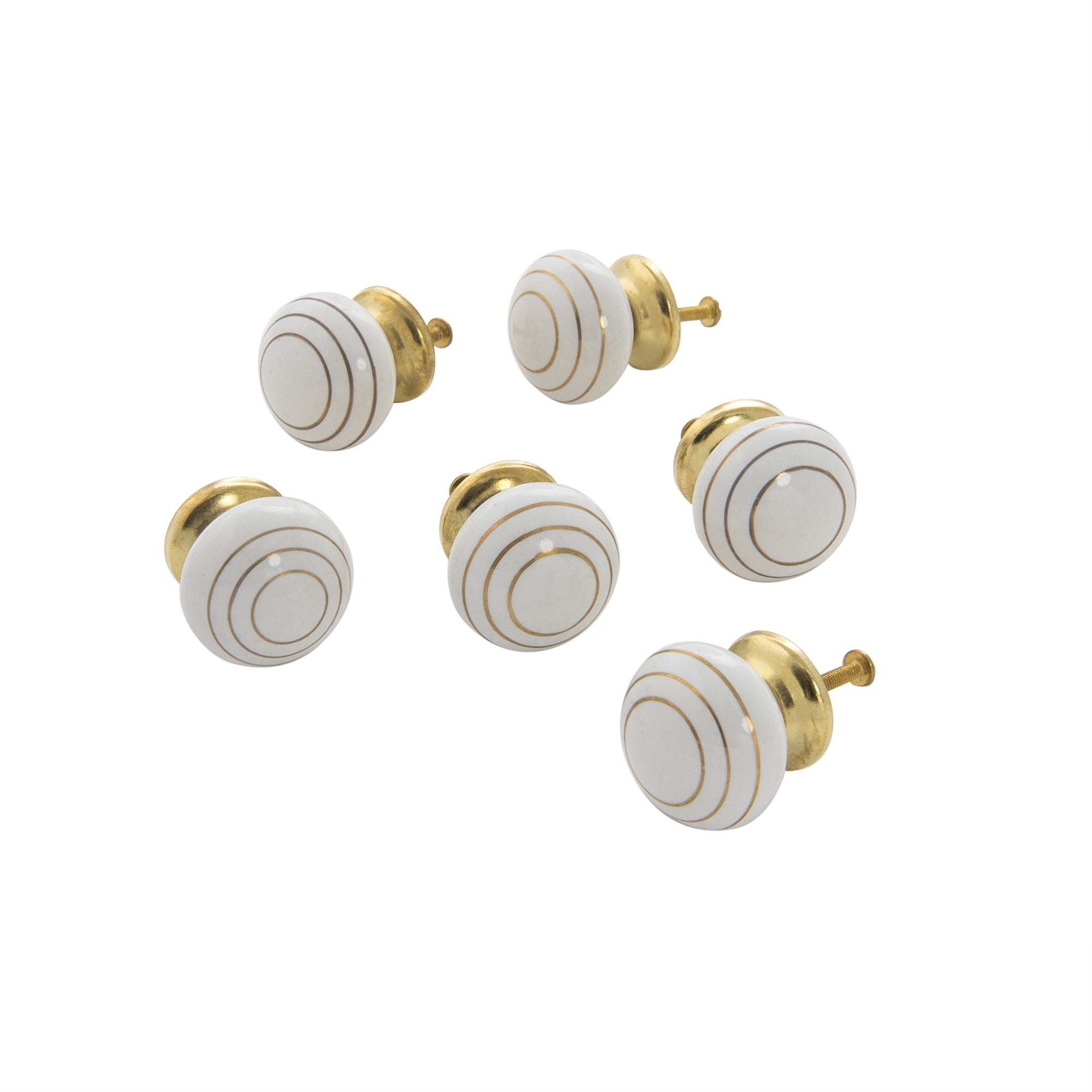 Ceramic Gold Ring Ball Knob/White Set Of 6
