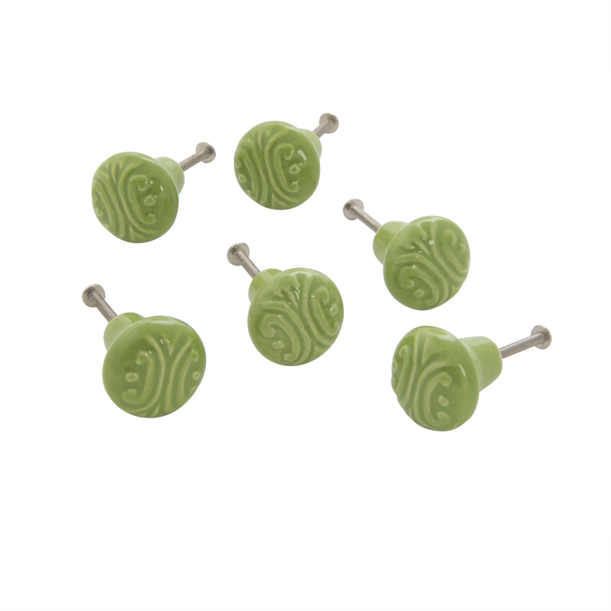 Ceramic Embossed Knob / Green Set Of 6