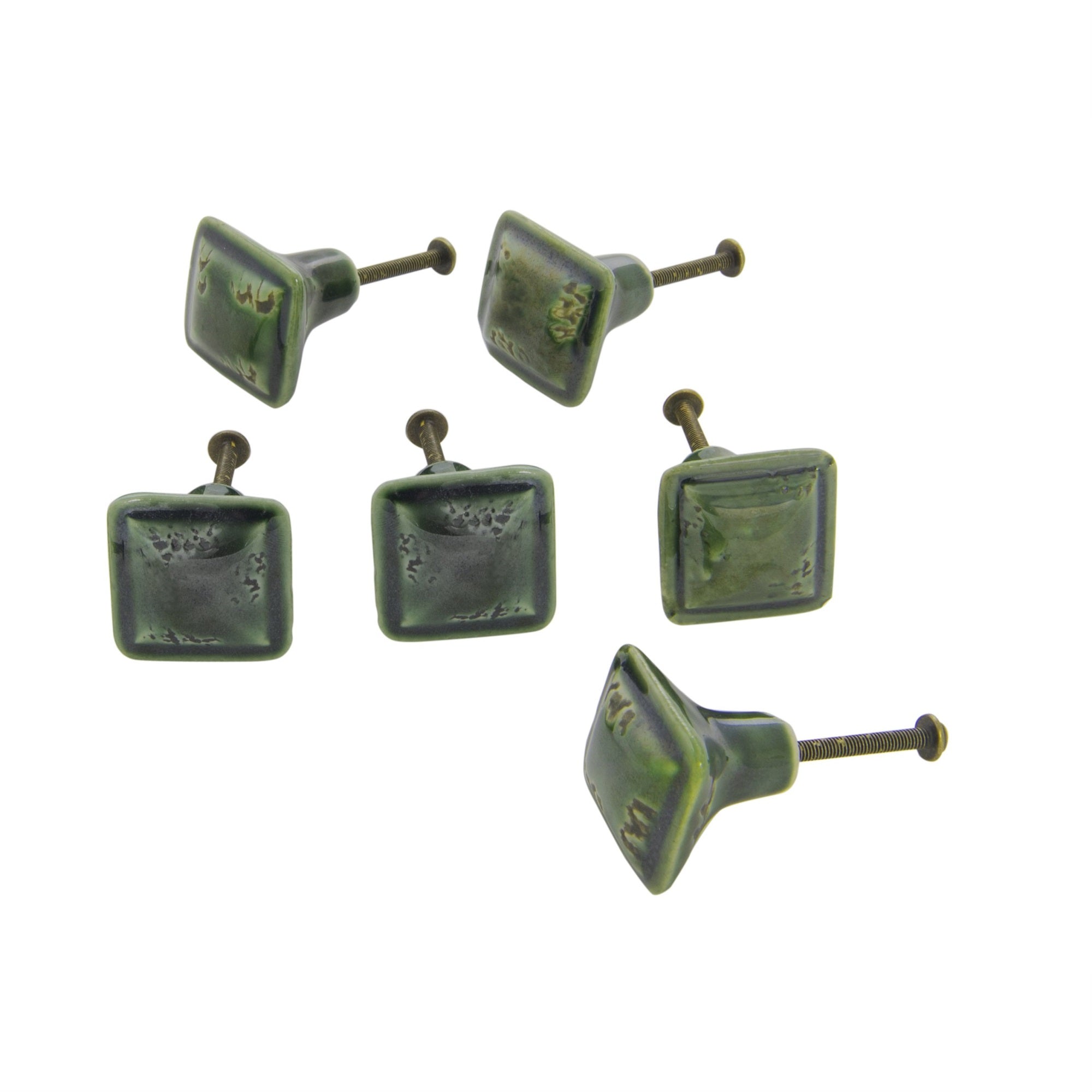 Ceramic Distressed Sqr Knob / Pine Green Set Of 6