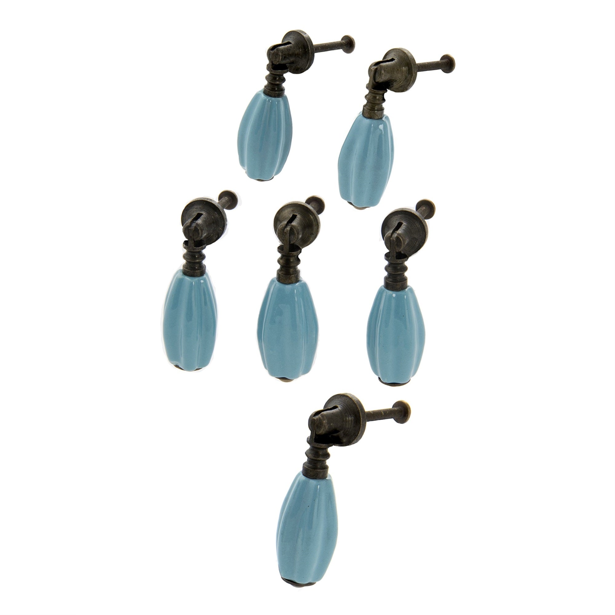 Brass And Ceramic Fluted Pull / Turquoise Set Of 6