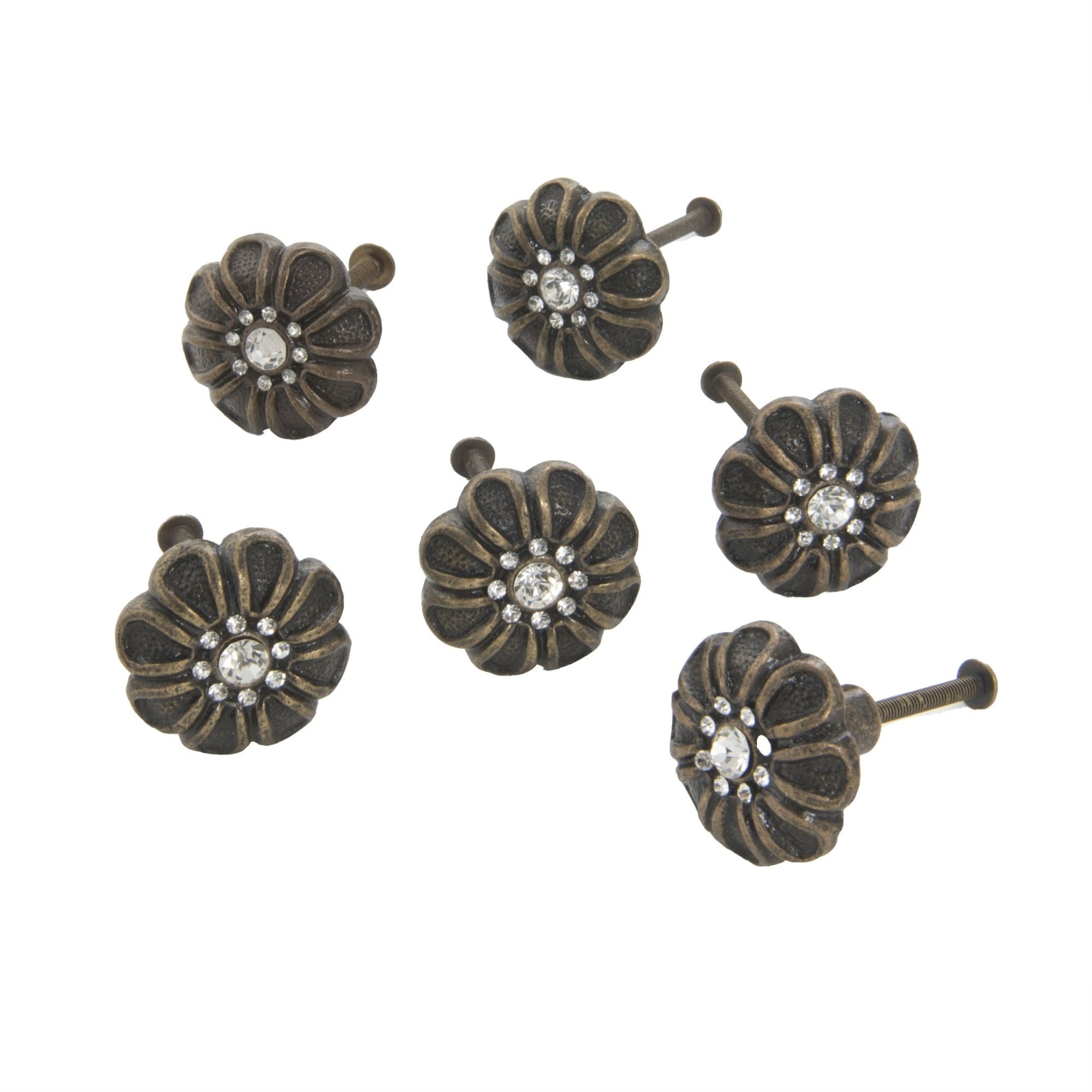 Cst Iron Rhinest Flower Knob/Bronze Set Of 6