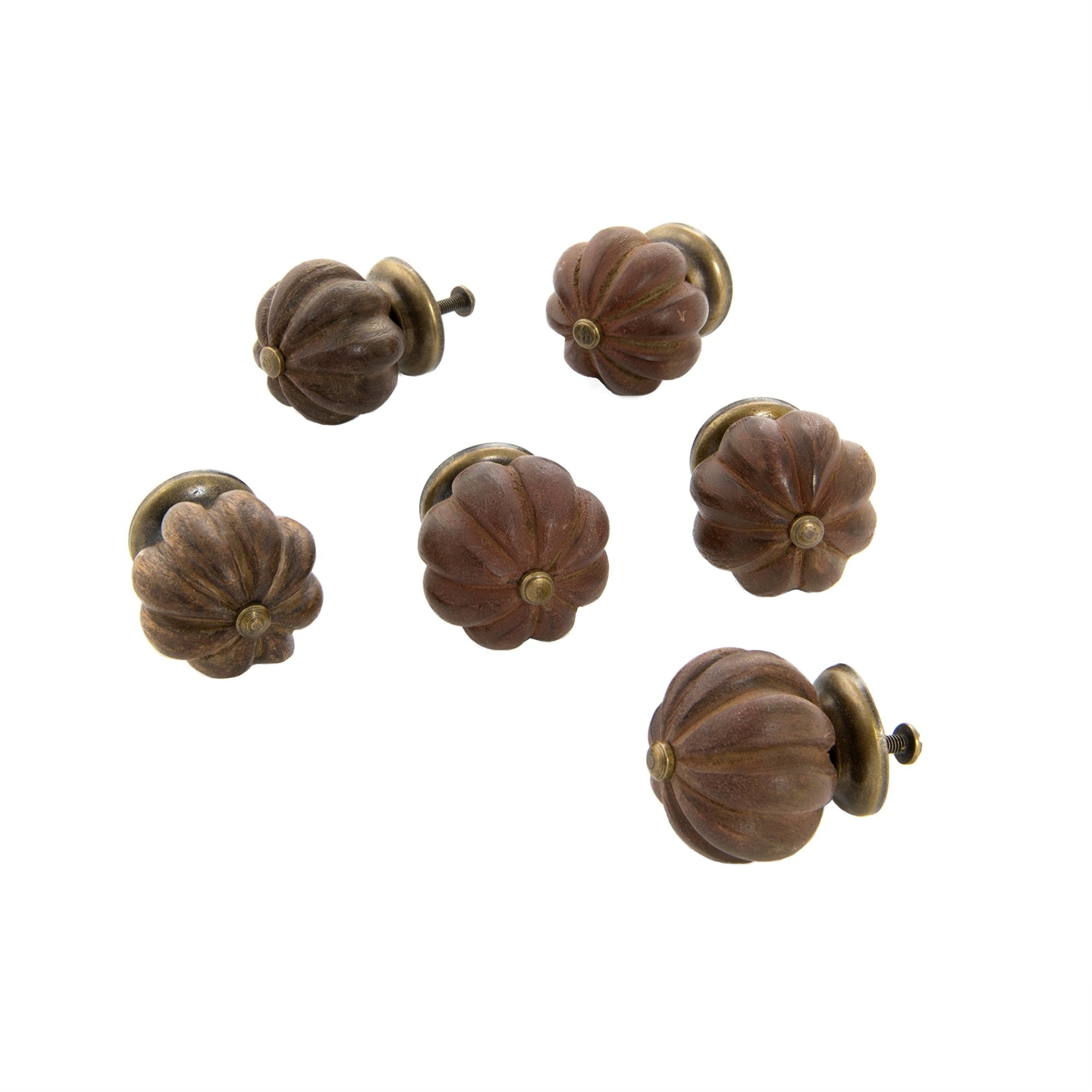 Wood Fluted Ball Knob Med Brown Set Of 6