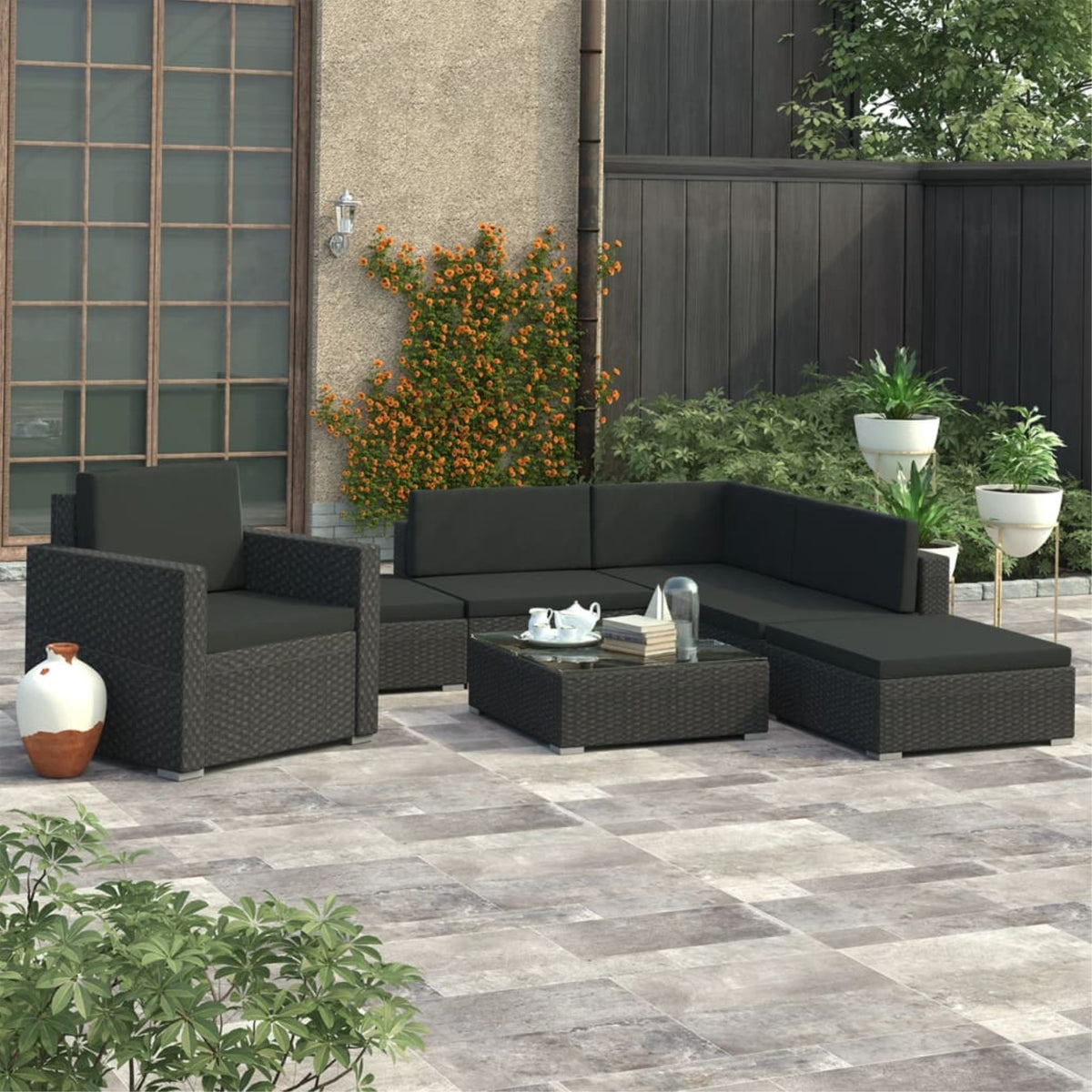 Vidaxl 6 Piece Garden Lounge Set With Cushions Poly Rattan Black