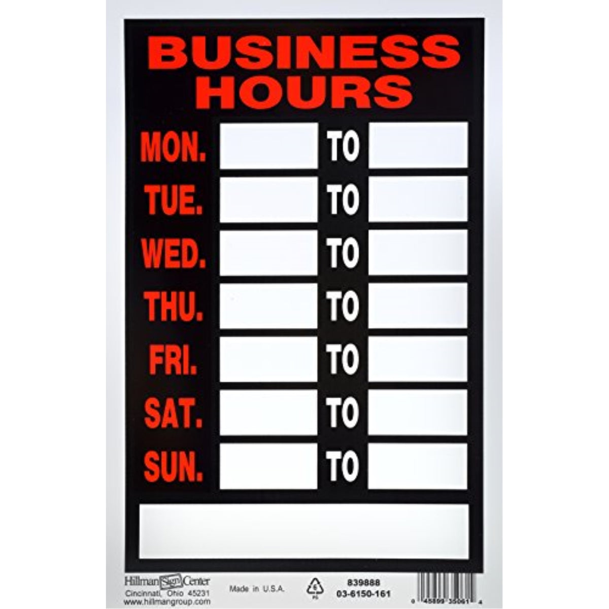 5028420 Business Hour Sign 12X8 Hillman English Black Hours Sign 12 In. H X 8 In. W (Pack Of 6)