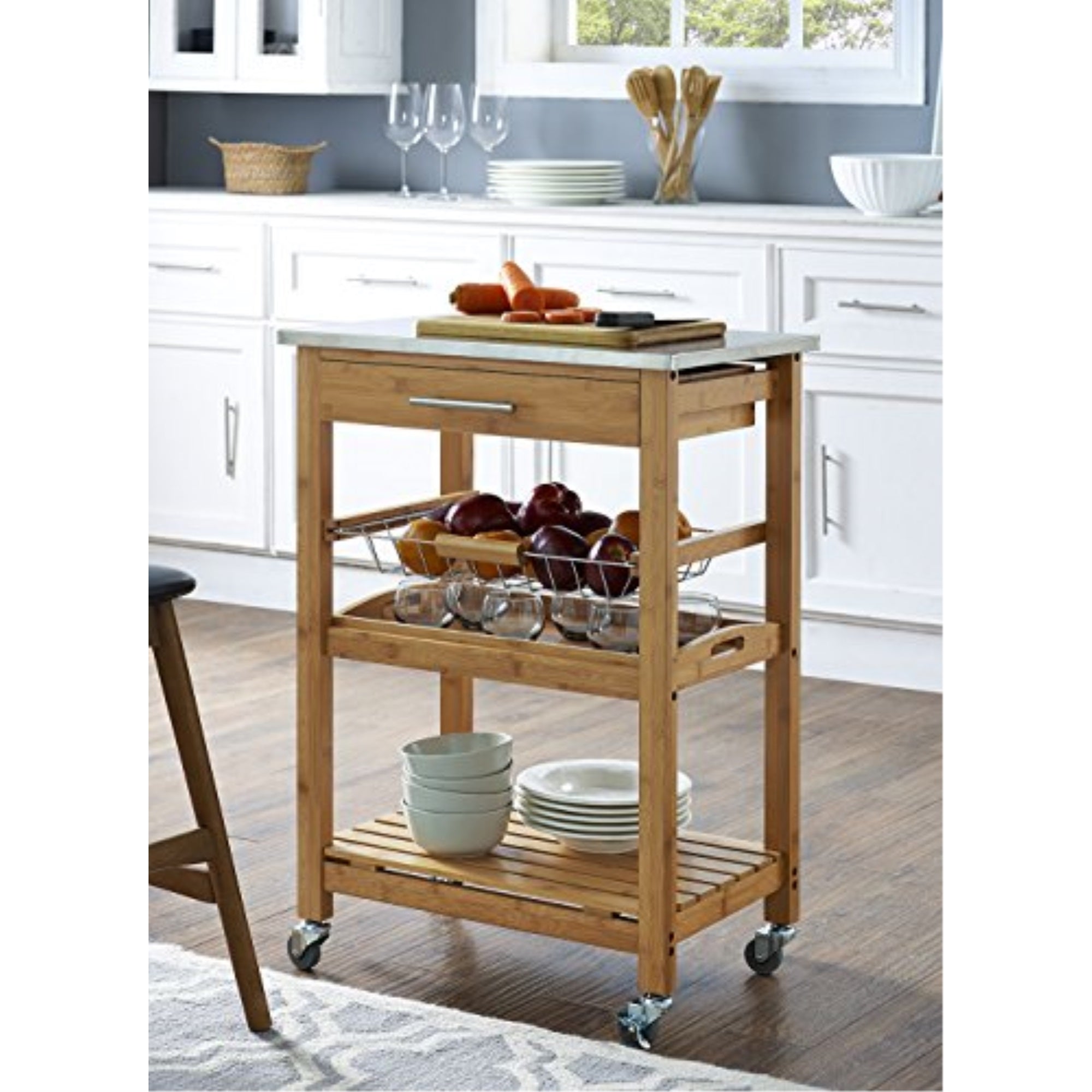 Aya Bamboo Kitchen Cart, Stainless Steel Top ..