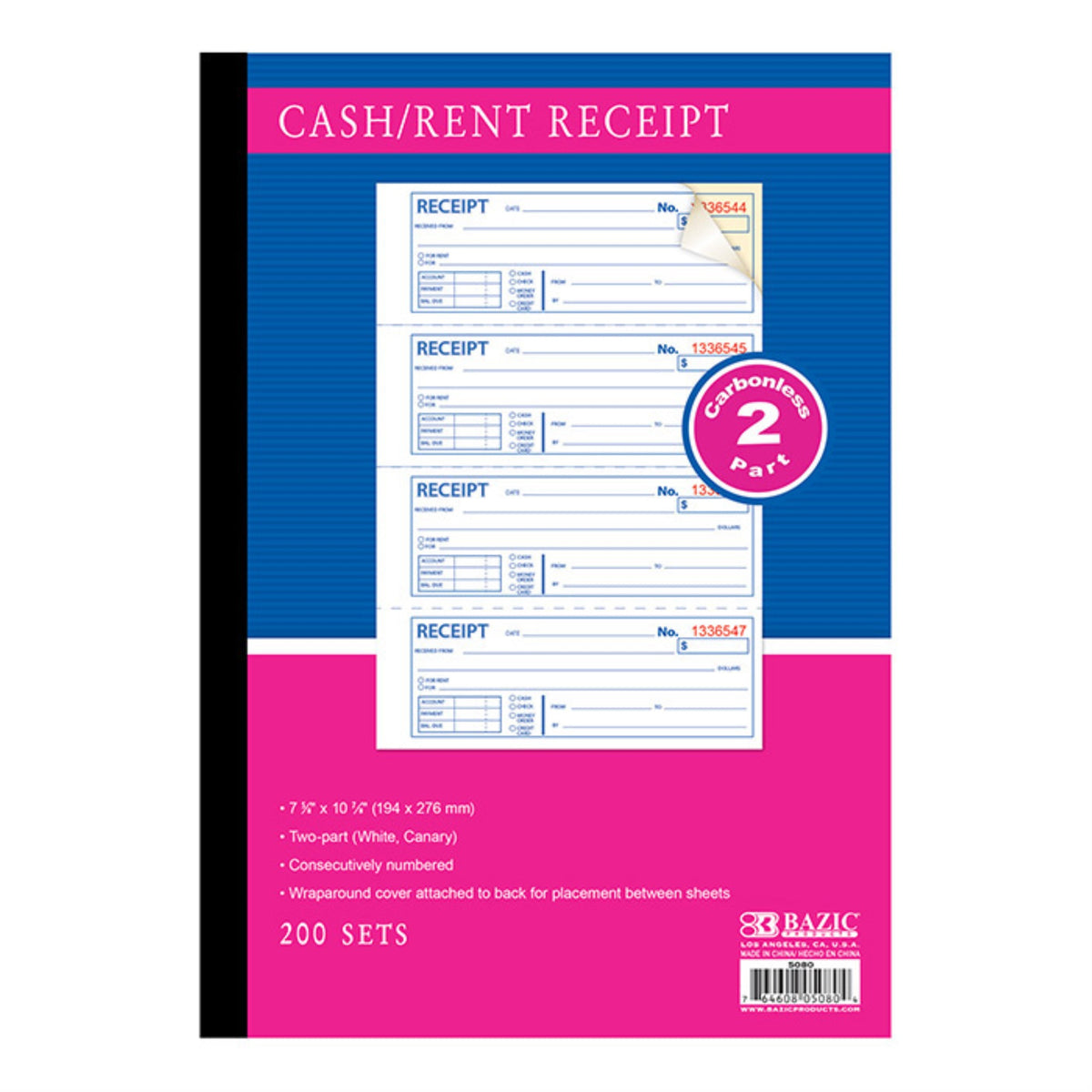Bazic 200 Sets 7 5/8' X 10 7/8' 2-Part Carbonless Cash Or Rent Receipt Book