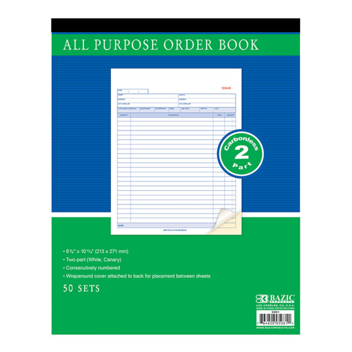 Bazic 50 Sets 8 3/8' X 10 11/16' 2-Part Carbonless All Purpose Order Book