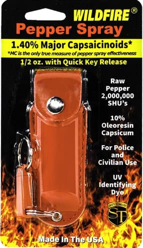 Wildfire 1.4% MC 1/2 oz pepper spray leatherette holster and quick release keychain red