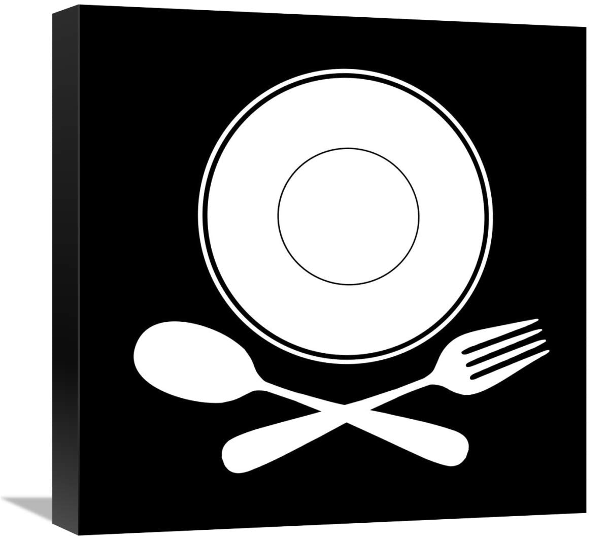 Mealtime: White on Black - Plate with Crossed Cutlery-Canvas Art-18x18”