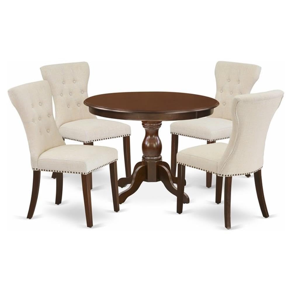 East West Furniture HBGA5-MAH-32 5 Piece Kitchen Set - Mahogany Small Dining Table and 4 Light Beige Linen Fabric Dining Chairs Button Tufted Back with Nail Heads - Mahogany Finish