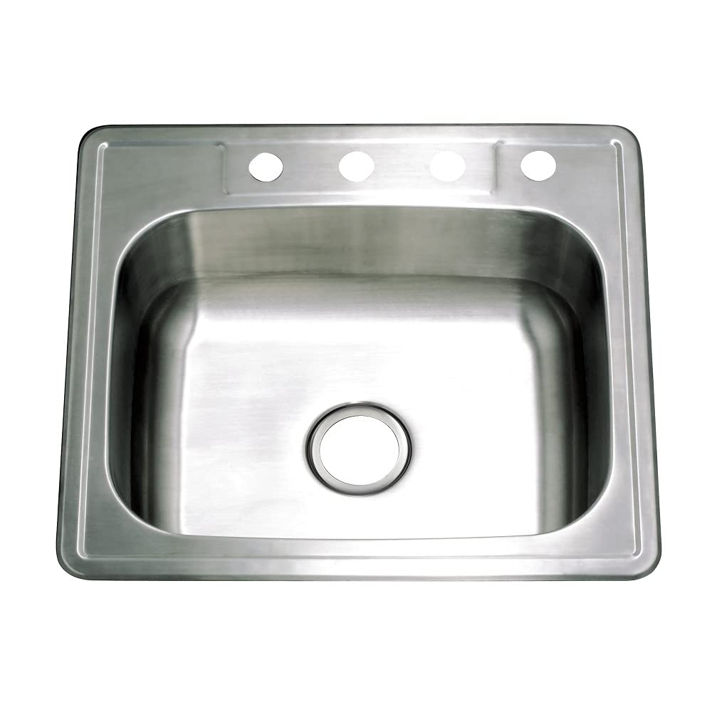 Kingston Brass Gourmetier Gkts2522 22 Gauge, 4 Holes, Self-Rimming Single Basin Stainless Steel Kitchen Sink, Brushed Stainless 