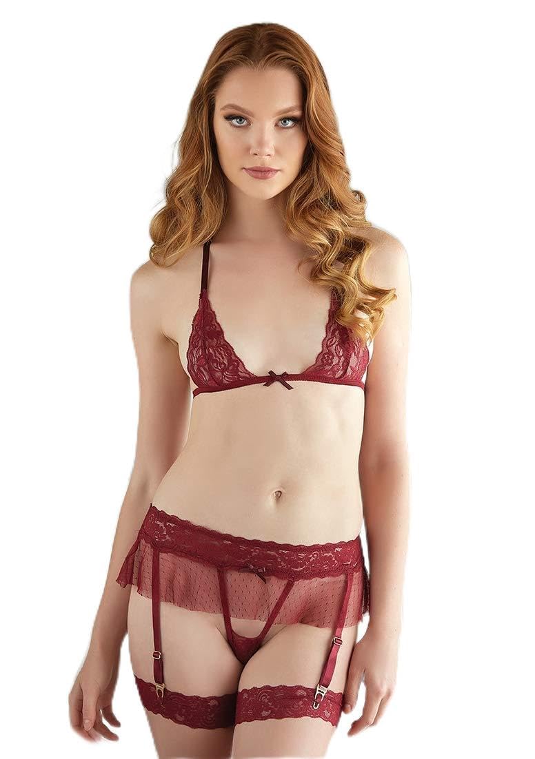 Lace and Mesh Bra and Garter G-string  2 pc set burgundy