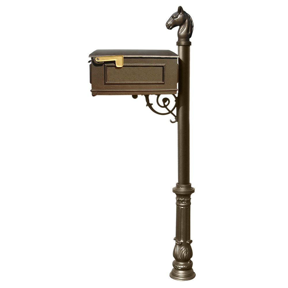 Lewiston Equine Mailbox post system with ornate base and horsehead finial (no address plates or numbers), Bronze