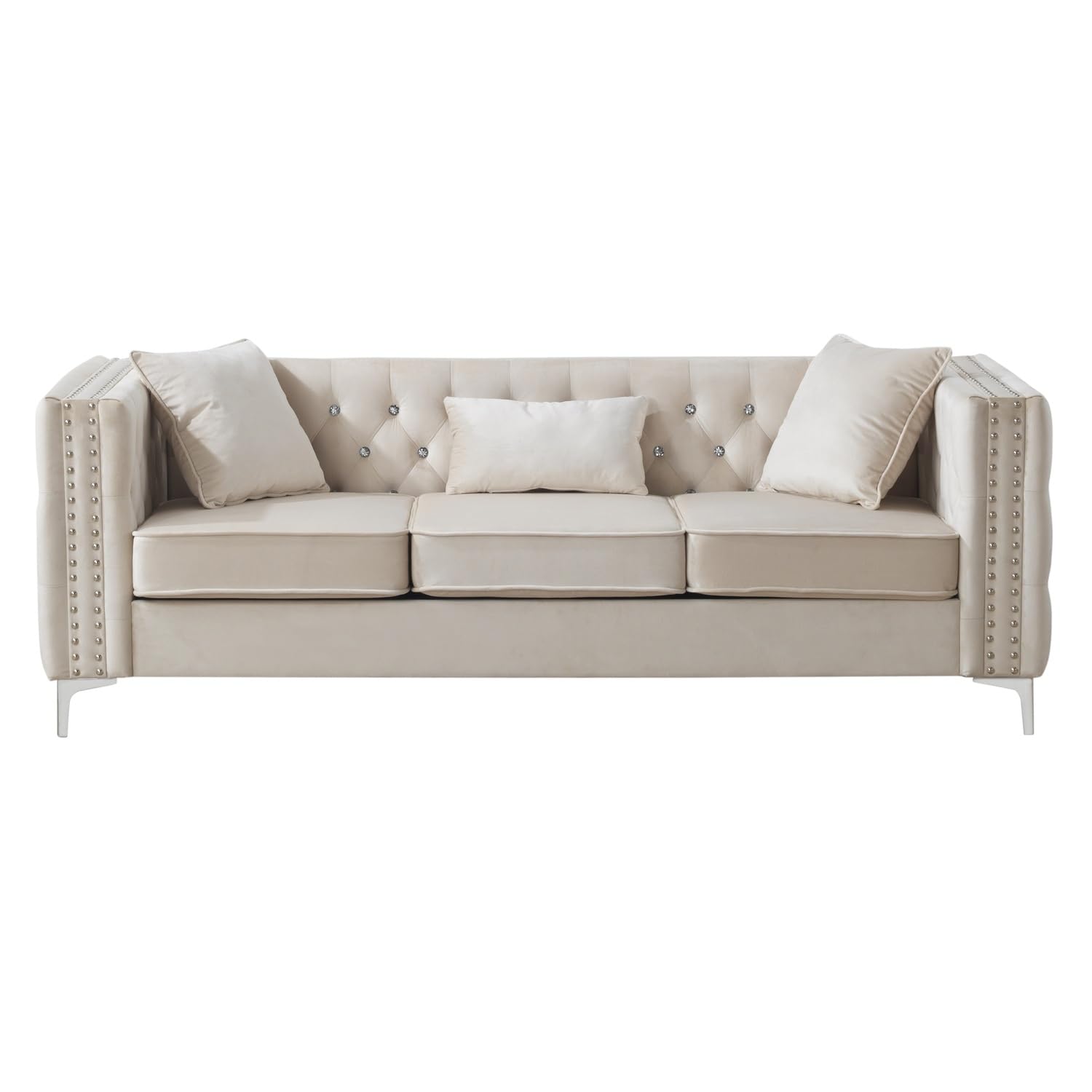Paige 86 in. Ivory Tufted Velvet 3-Seater Sofa with 2-Throw Pillow