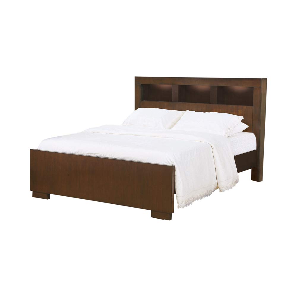 3 Open Bookcase Eastern King Size Bed with Soft Light, Brown