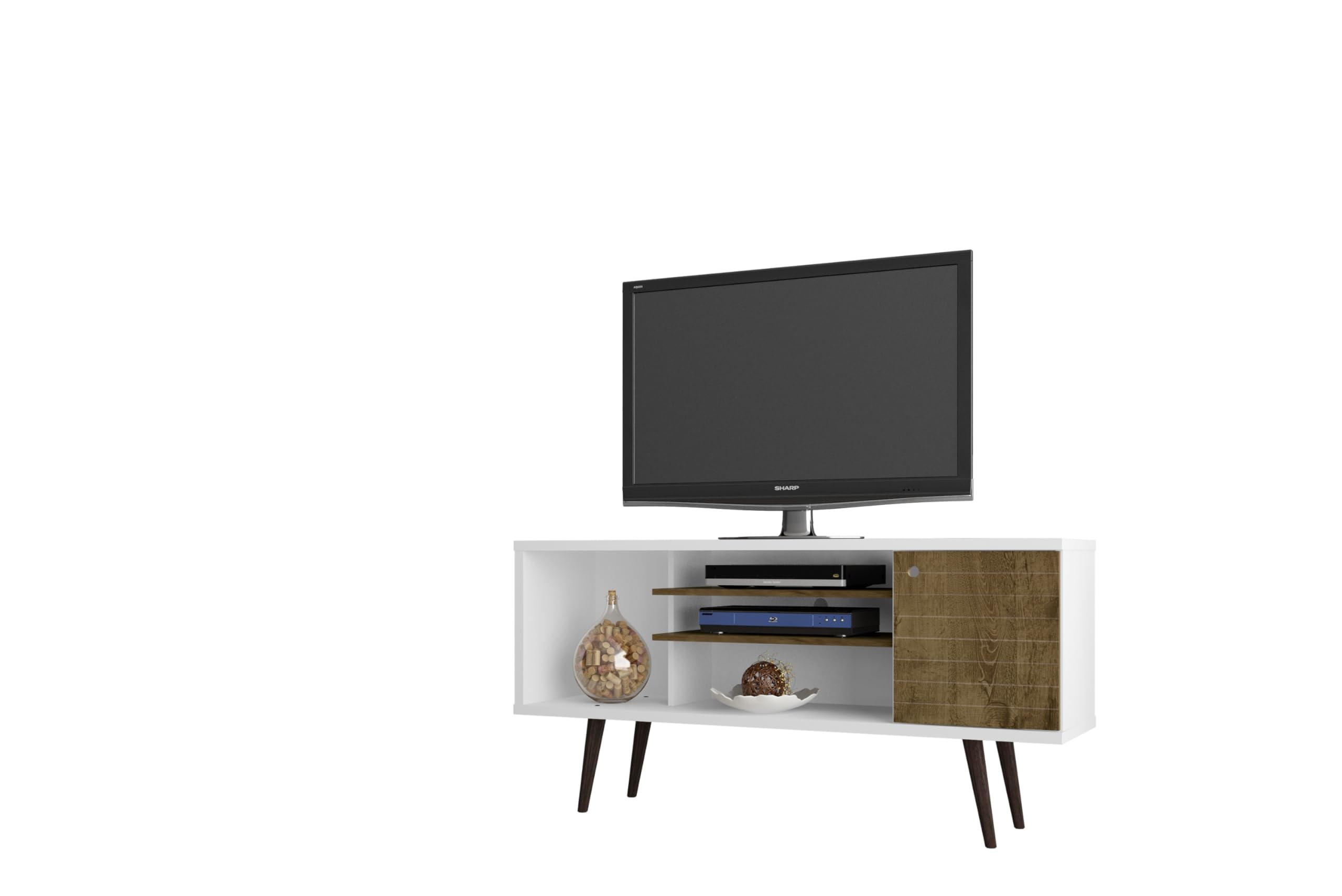 Liberty 53.14 Mid Century - Modern TV Stand  with 5 Shelves and 1 Door in White and Rustic Brown with Solid Wood Legs