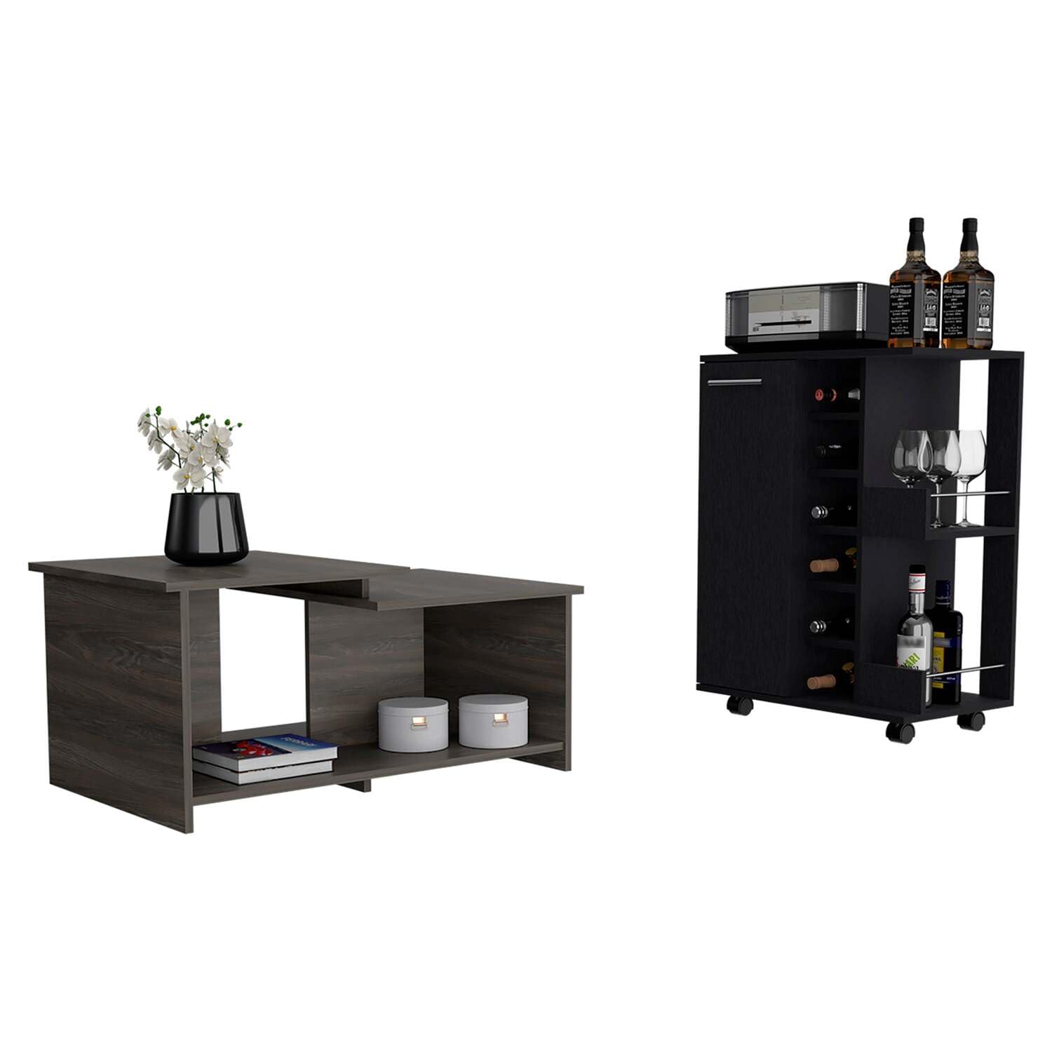 Irvine 2 Piece Living Room Set, Bar Cart + Coffee Table, Espresso / Black