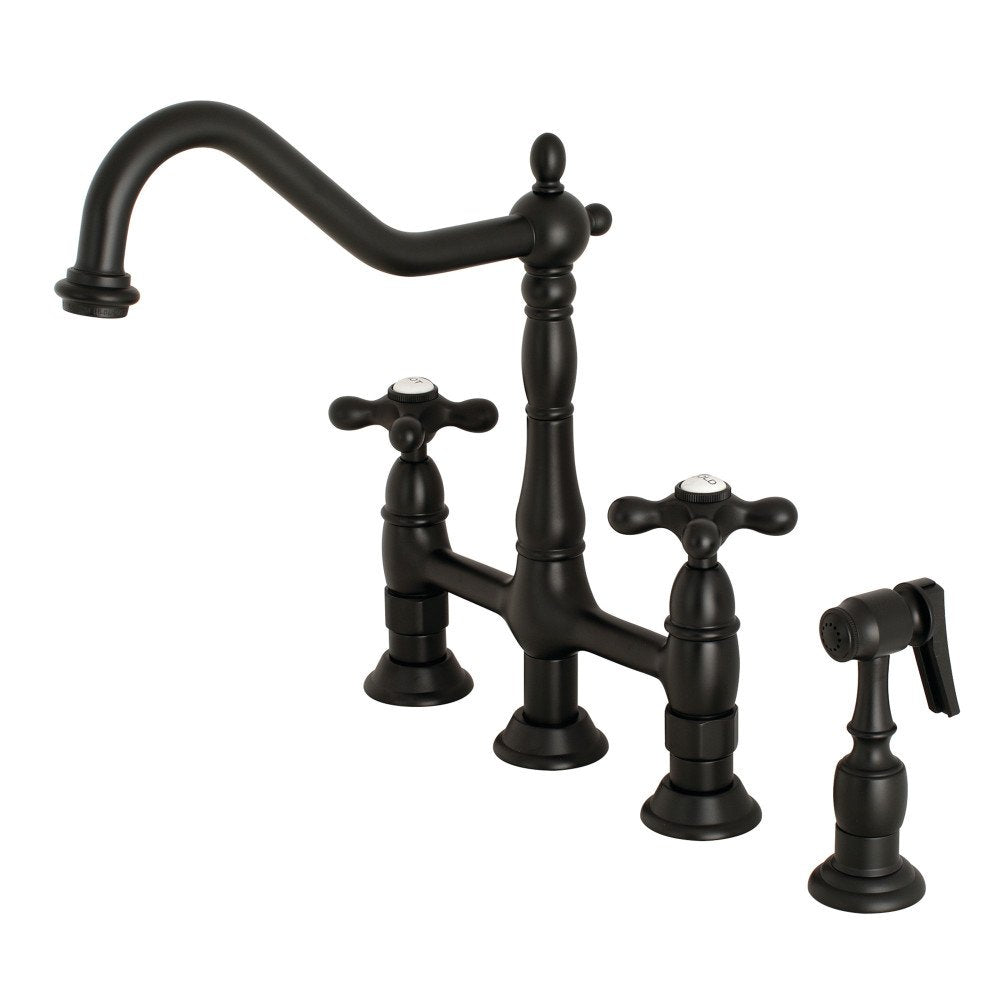 Kingston Brass Ks1270Axbs Heritage Bridge Kitchen Faucet, 8-9/16 In Spout Reach, Matte Black
