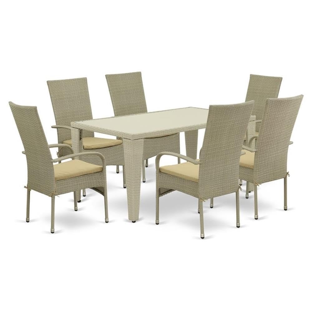 GUOS7-03A 7Pc Outdoor-Furniture Natural Color Wicker Dining Set Includes a Patio Table and 6 Balcony Backyard Armchair with Linen Fabric Cushion