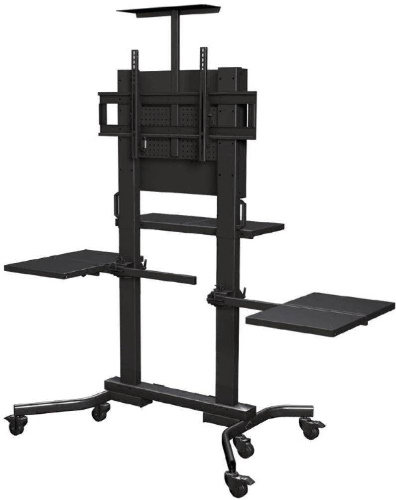 Fully loaded heavy duty mobile cart with two side shelves, top shelf, front/back shelf, back panel and cover for displays from 50 - 90”
