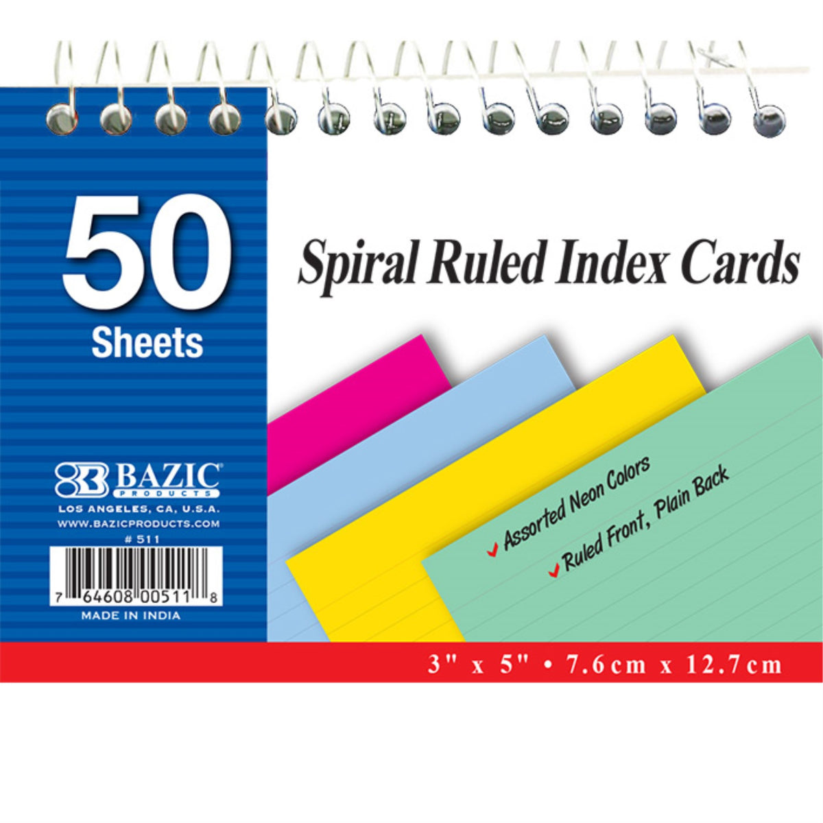 Bazic 50 Ct. Spiral Bound 3' X 5' Ruled Colored Index Card
