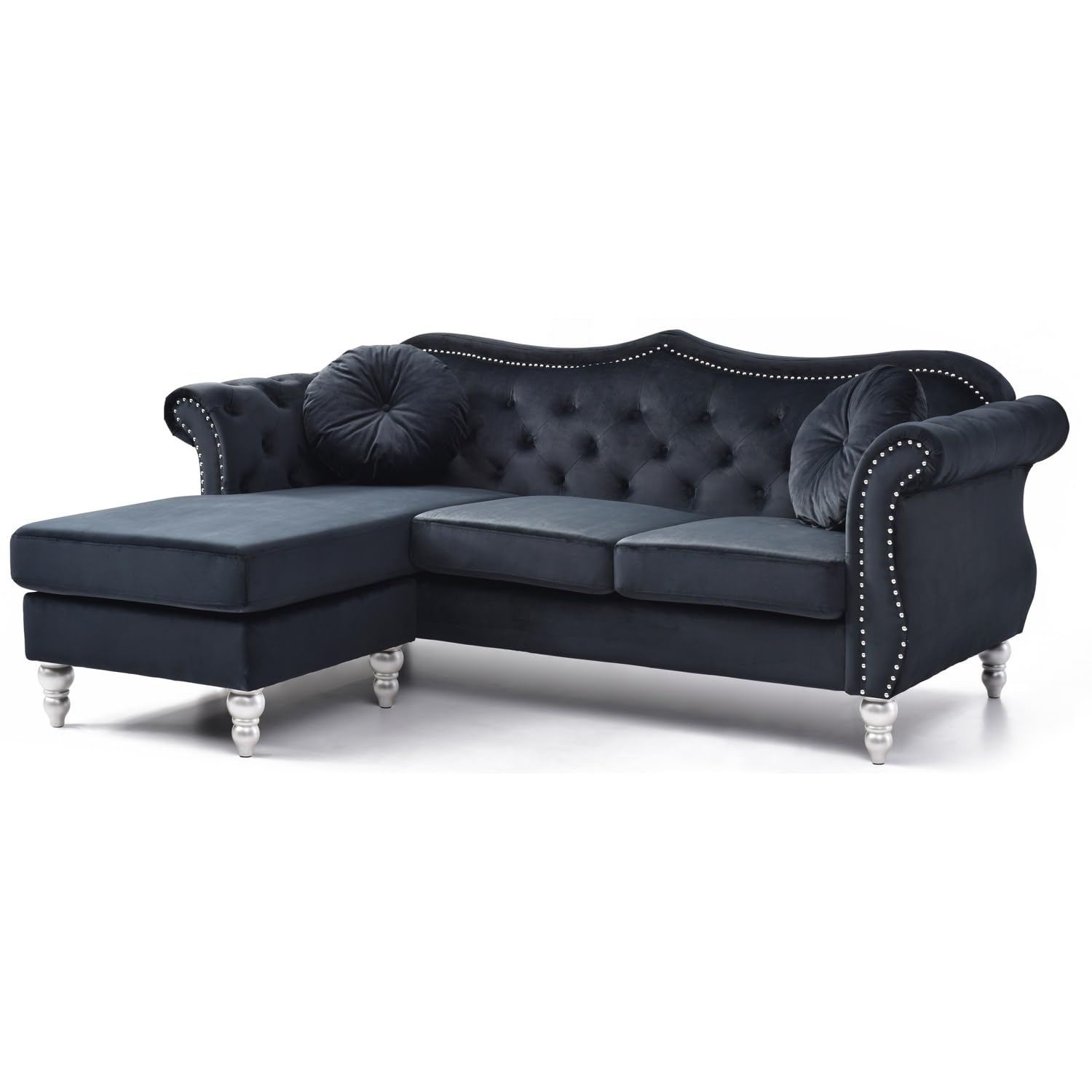 Hollywood 81 in. Black Velvet Chesterfield Sectional Sofa with 2-Throw Pillow