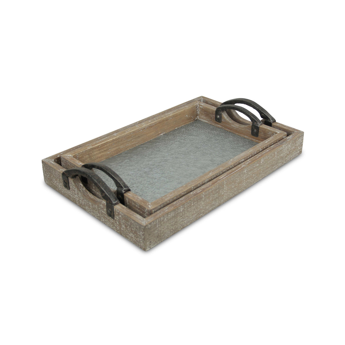 Monoe Set Of 2 Wood Frame Tray With Galvanized Base And Cast Iron Handles