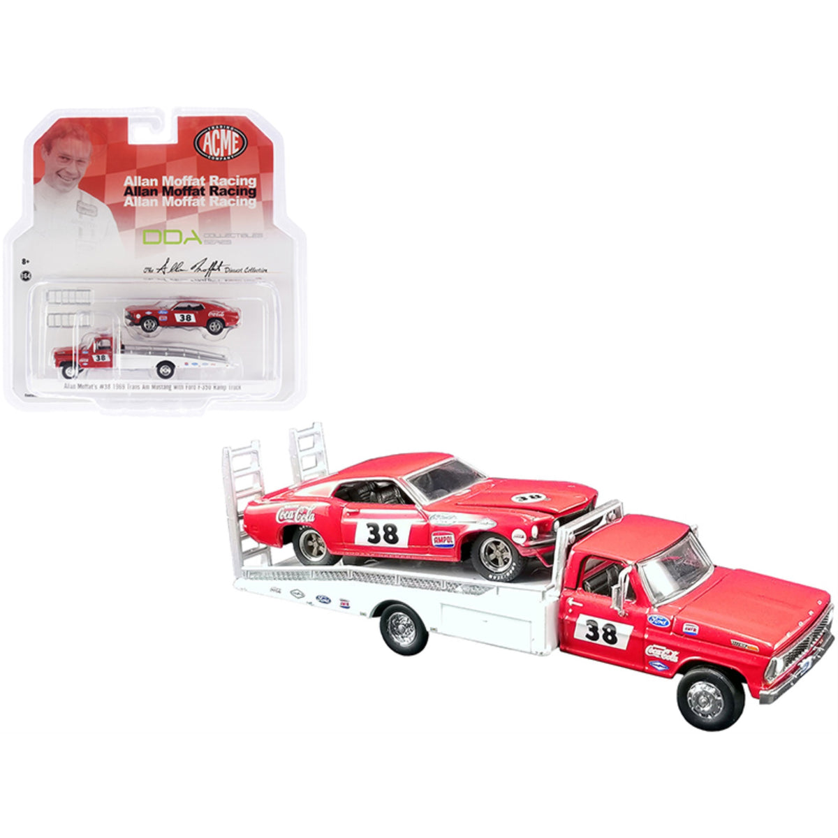 Ford F-350 Ramp Truck #38 Red And White With 1969 Ford Mustang Trans Am #38 Red 'Coca-Cola' Allan Moffat Racing 'Dda Collectibles' Series 'Acme Exclusive' 1/64 Diecast Model Cars By Gre