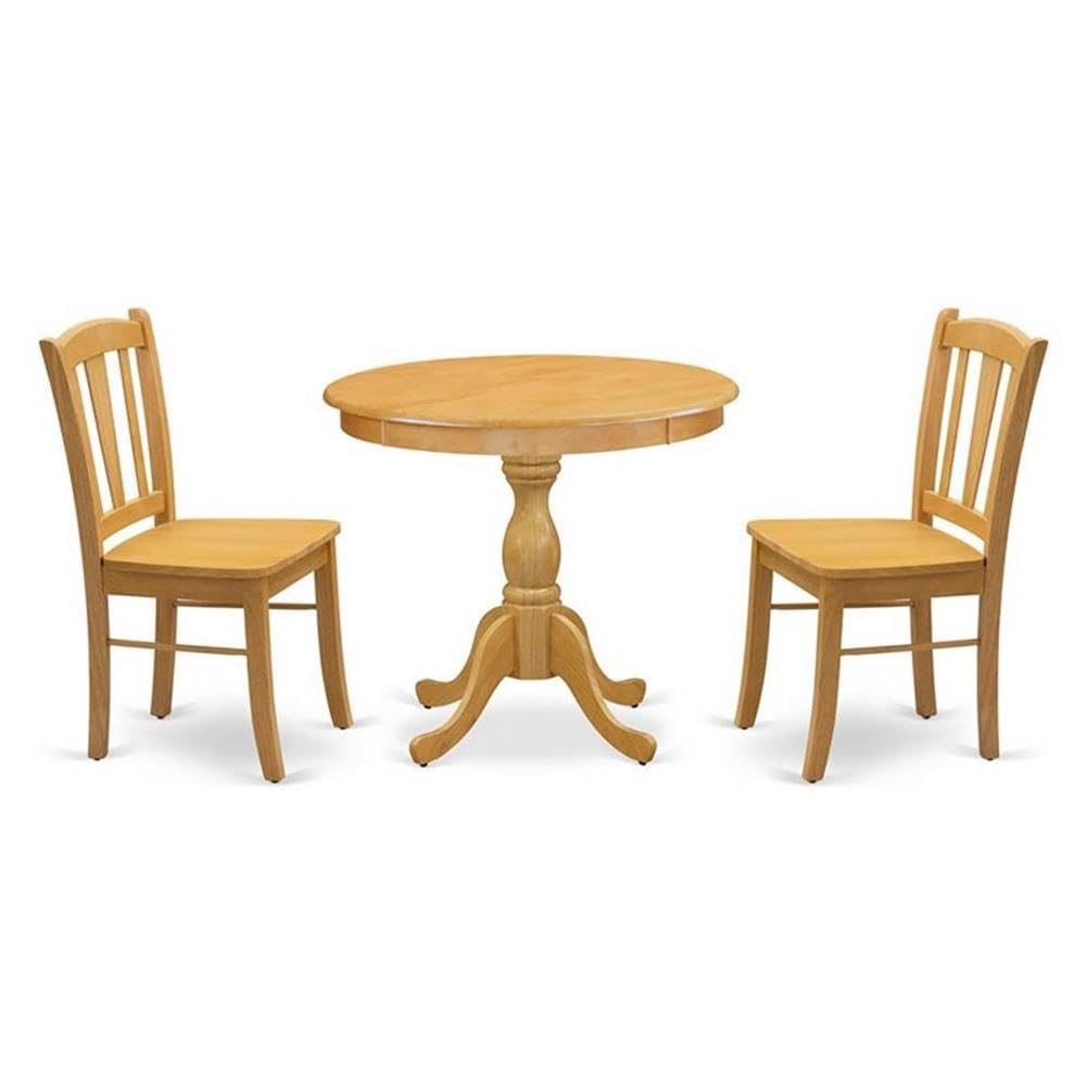 East West Furniture - AMDL3-OAK-W - 3-Piece Dining Room Table Set- 2 Modern Dining Room Chair and Dining Table - Wooden Seat and Slatted Chair Back - Oak Finish