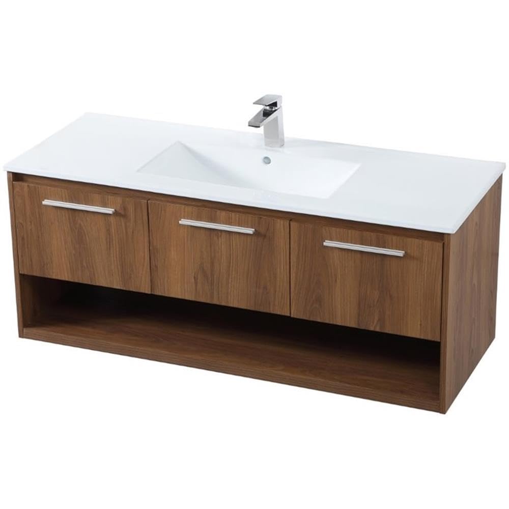Elegant Decor Kasper 48' Single Porcelain Top Floating Bathroom Vanity In Walnut