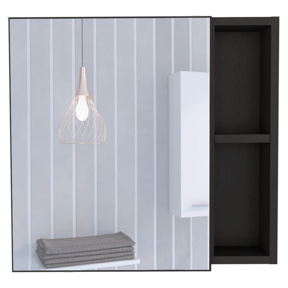 DEPOT E-SHOP Kazan Medicine Cabinet, Mirror, One-Door Cabinet, Two External Shelves, Three Internal Shelves-Black, For Living Room