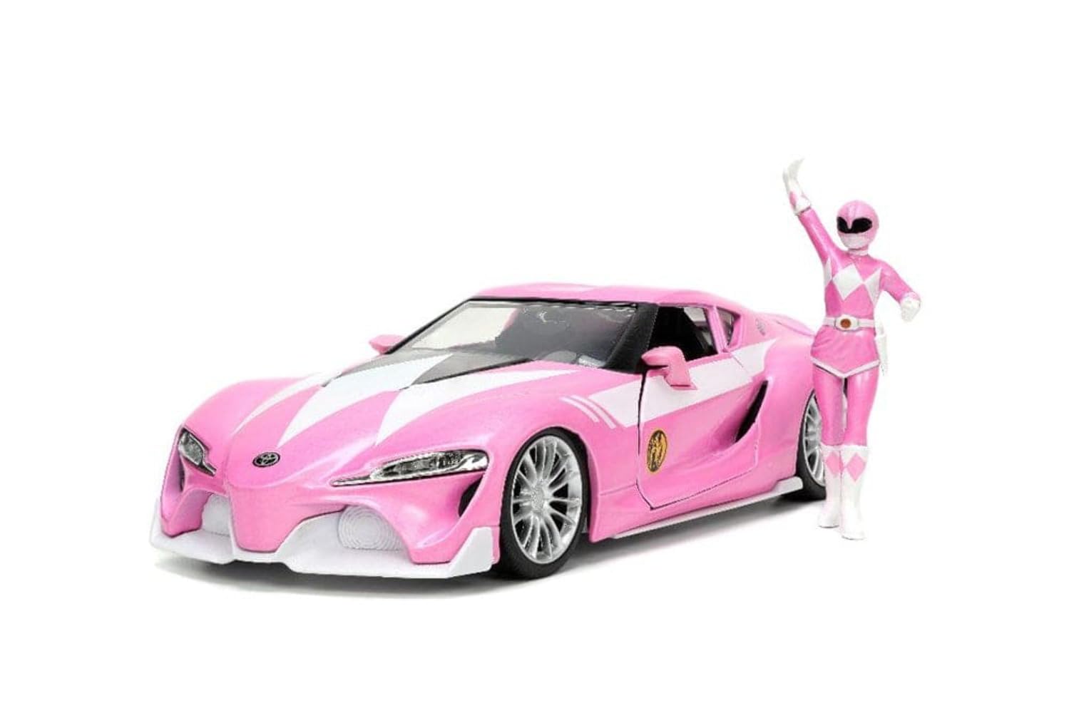 Toyota FT-1 Concept Pink Metallic and Pink Ranger Diecast Figurine Power Rangers ?Hollywood Rides? Series 1/24 Diecast Model Car by Jada