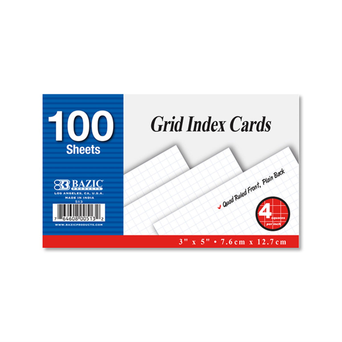 Bazic 100 Ct. 3' X 5' Quad Ruled 4-1' White Index Card
