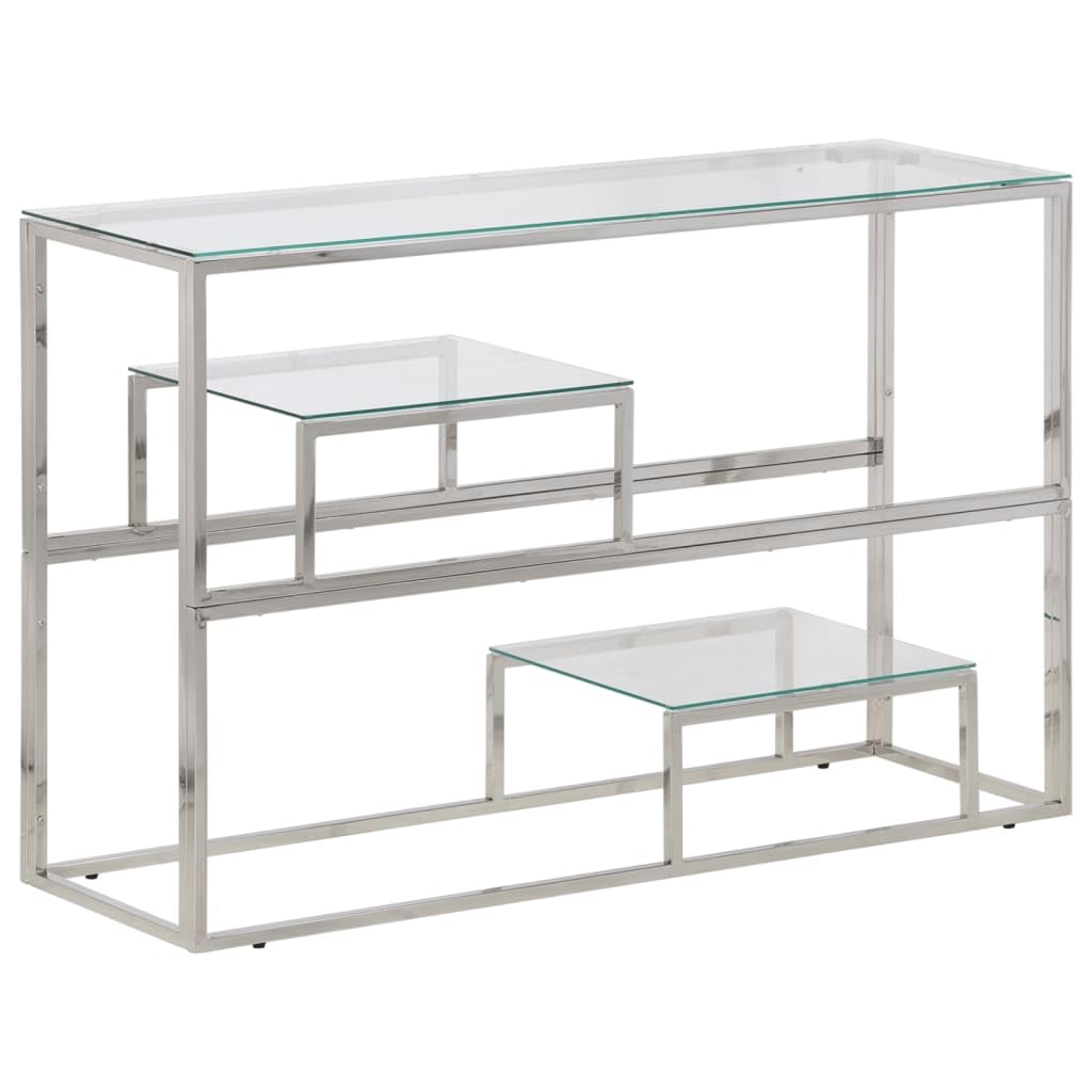 Vidaxl Console Table With Tempered Glass Top-Silver Stainless Steel Frame-43.3'X13.8'X27.6'-Entryway/Living Room Furniture