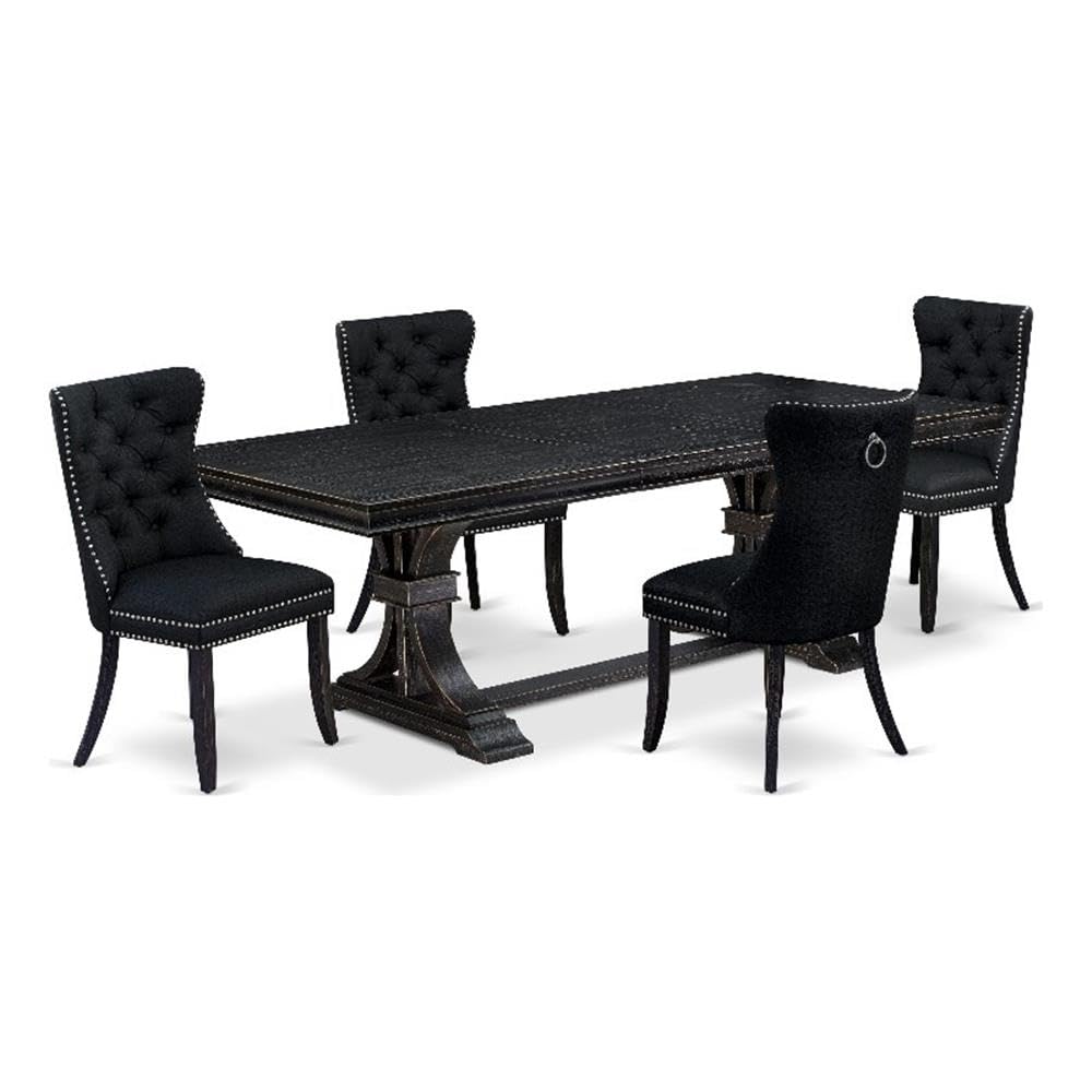 5 piece dining table set of a wooden table and 4 Linen Fabric dining Chairs