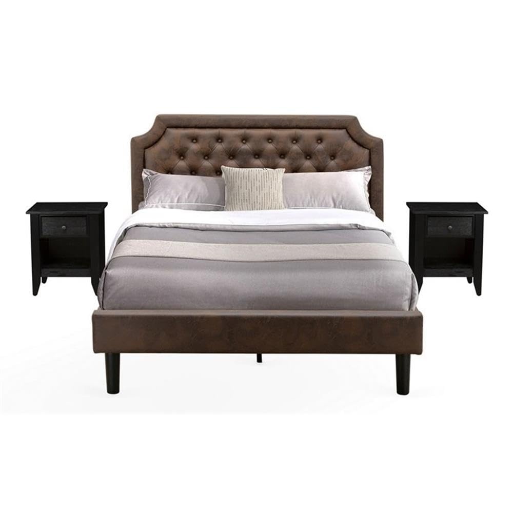 GB25Q-2GA06 3-Piece Bedroom Furniture Set with Button Tufted Queen Size Bed and 2 Wire Brushed Black Bedroom Nightstand - Dark Brown Faux Leather with Black Texture and Black Legs