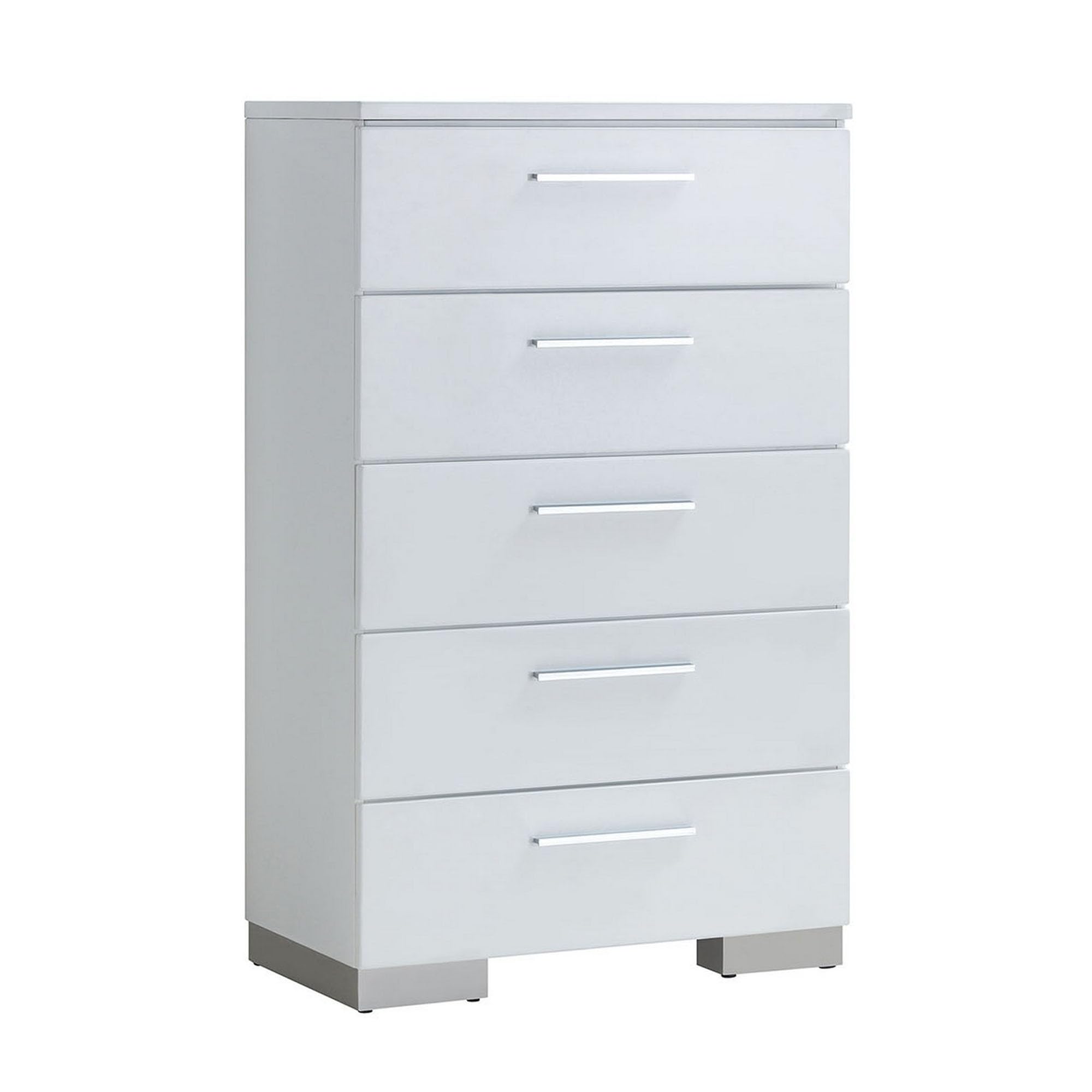 Contemporary Solid Wood Chest With Five Drawers, Glossy White