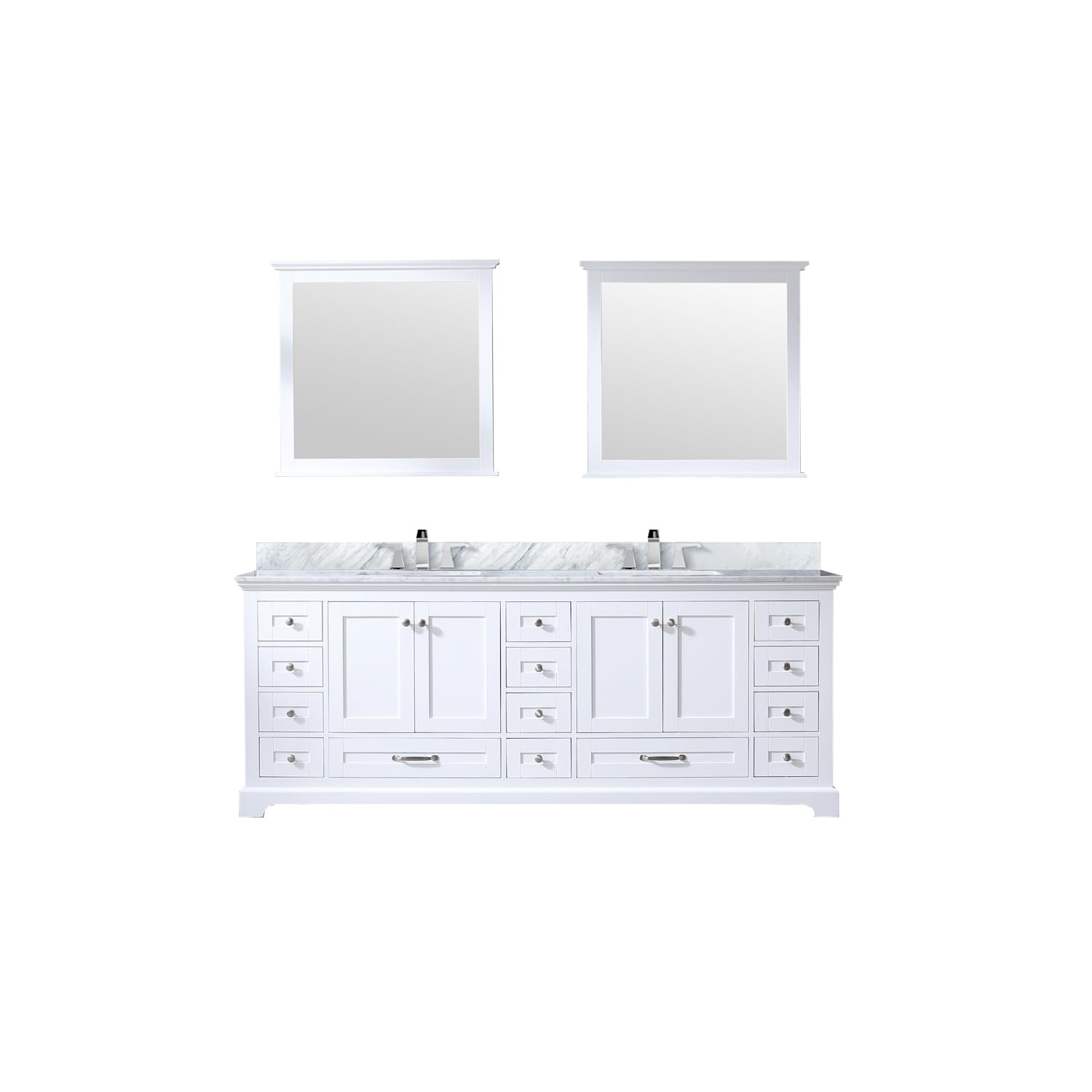 White Double Bath Vanity 84 in. W x 22 in. D, Carrara Marble Top, Faucet Set, and 34 in. Mirrors