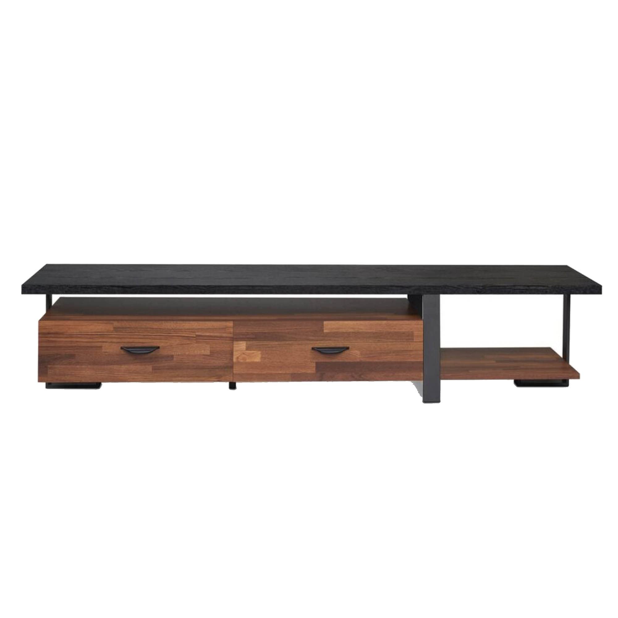 Benjara Metal Framed Wooden Tv Stand Straight With Two Drawers And Open Shelf, Black And Brown