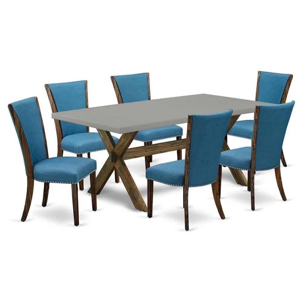 East West Furniture X797VE721-7 7Pc Modern Dining Table Set Contains a Kitchen Table and 6 Parson Dining Chairs with Blue Color Linen Fabric, Distressed Jacobean and Cement Finish