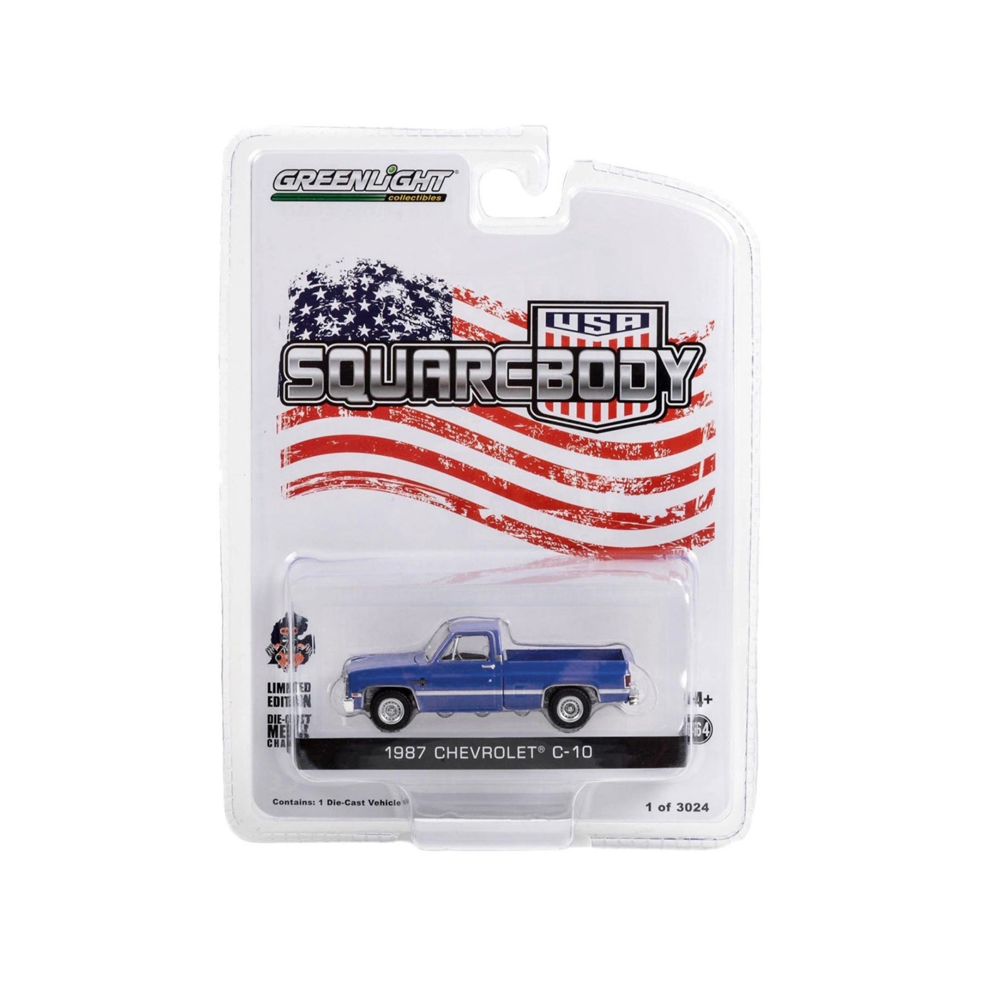 1987 Chevrolet C-10 Pickup Truck Blue “Squarebody USA” Limited Edition to 3024 pieces Worldwide 1/64 Diecast Model Car by Greenlight