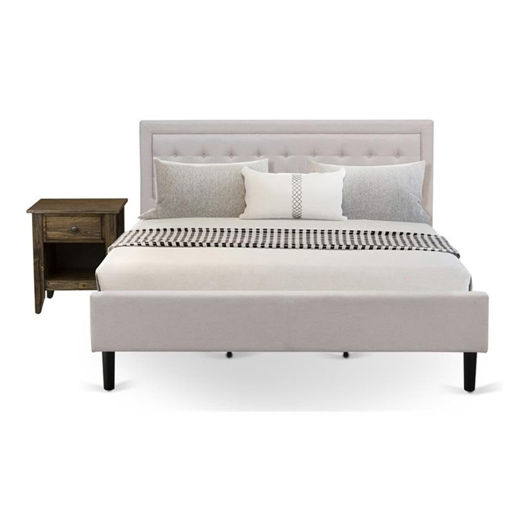 FN08K-1GA07 2-Piece Platform Wooden Set for Bedroom with 1 King Frame and 1 End Table - Reliable and Durable Construction - Mist Beige Linen Fabric