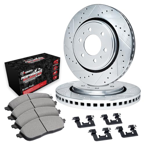 R1 Concepts Drilled and Slotted Silver Disc Brake Rotor Set with Off-Road/Tow Brake Pads and Hardware WGVH1-48034
