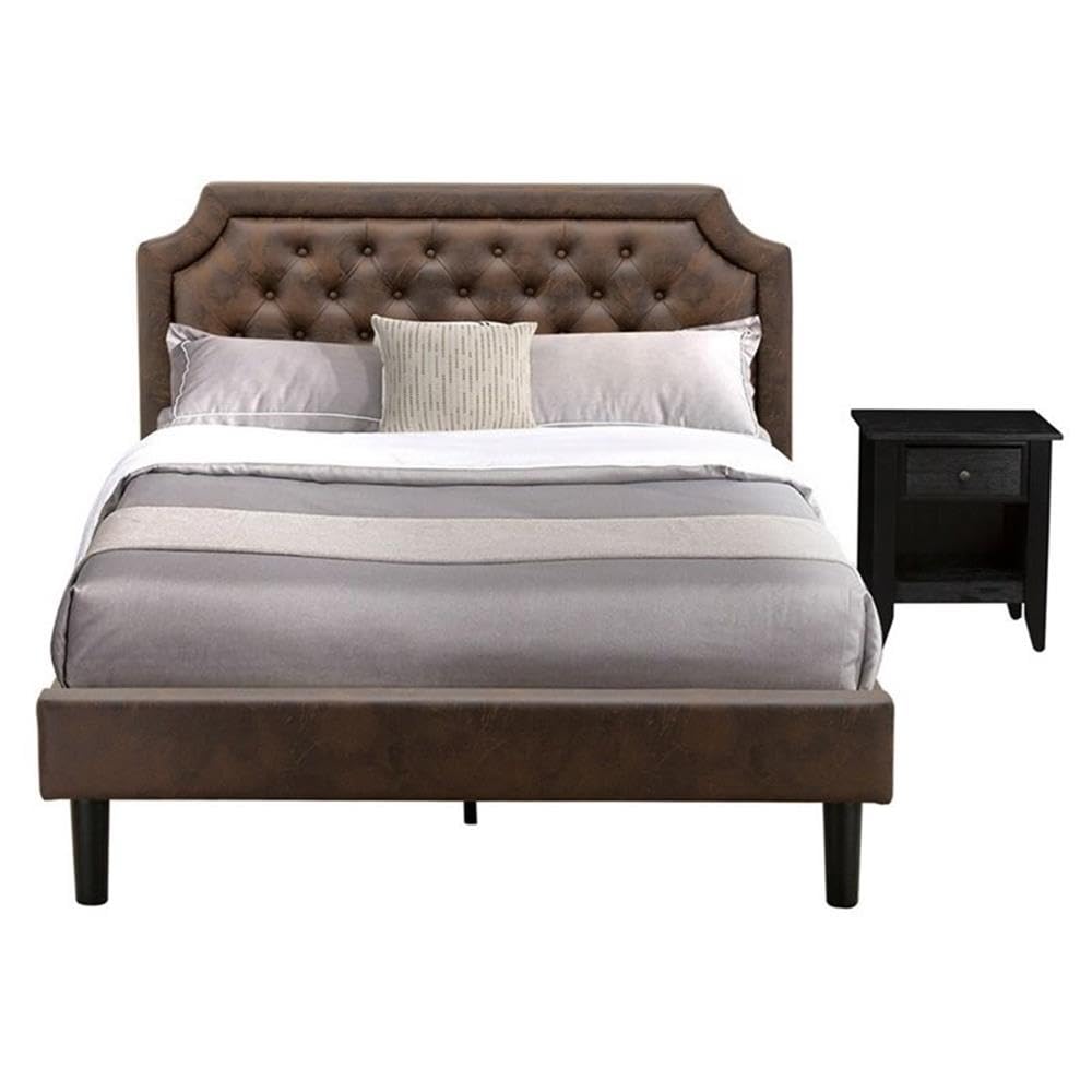 GB25Q-1GA06 2-Piece Platform Bed Set with Button Tufted Queen Bed Frame and 1 Wire brushed Black Small Nightstand - Dark Brown Faux Leather with Black Texture and Black Legs