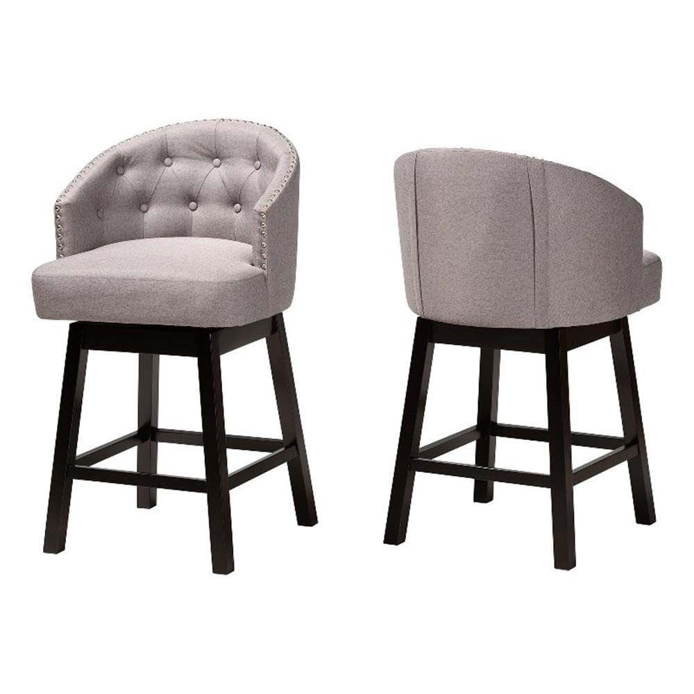 Baxton Studio Theron Mid-Century Transitional Grey Fabric And Espresso Brown Finished Wood 2-Piece Swivel Counter Stool Set